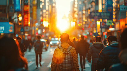 Fototapeta premium A person walking through a busy city street at sunset, surrounded by other pedestrians and high-rise buildings illuminated by golden light.