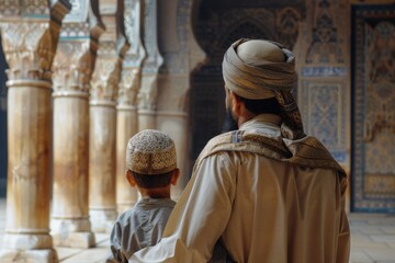 Naklejka premium A Muslim father and son in traditional attire, standing in a beautifully decorated mosque