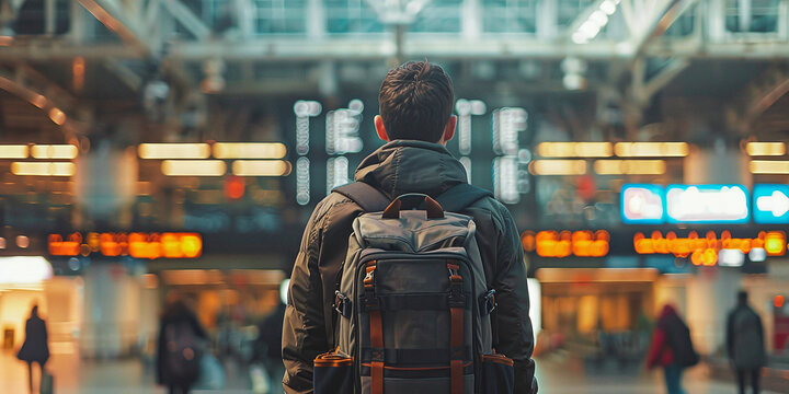 Backpack, travel and person at airport for scheduling or reading flight schedule on vacation. Bag, back or person at airline to check departure information at gate with luggage for vacation trip