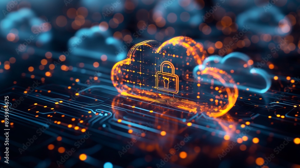 Poster 3d illustration of a cloud icon with a padlock in front, representing cloud security, with a backgro