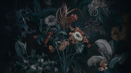 Dark floral wallpaper with vintage botanical print and moody hues, featuring lush blooms , vintage, dark, floral, wallpaper, botanical, print, moody, lush, blooms, vintage aesthetic