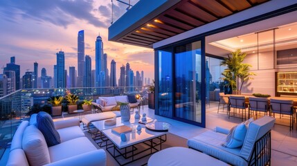 Fototapeta premium Luxurious penthouse terrace with city views, perfect for showcasing modern apartment designs and high-end living