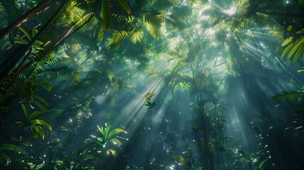 Fototapeta premium Lush Rainforest Canopy Bathed in Magical Sunlight Beams