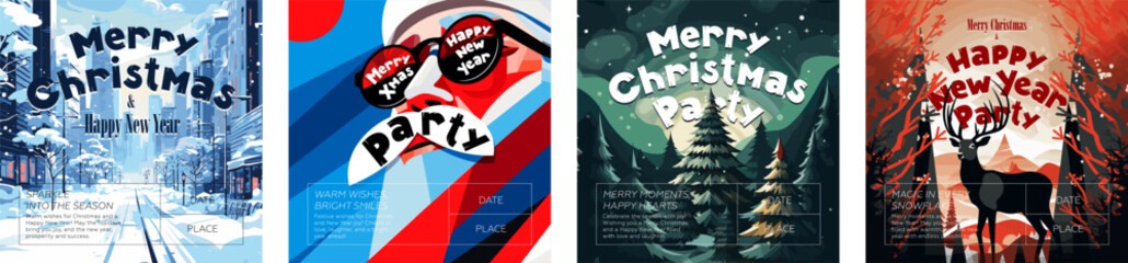 Merry Christmas and Happy New Year party square banner. Joyful holiday Xmas eve celebration print. Reindeer in spruce forest and winter modern city invitation flyer. Art graphic Santa Claus postcard