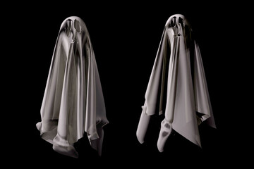 Set of spooky scary Halloween ghosts isolated on black background. 3D render illustration.