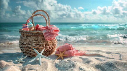 Beach Basket with Towels and Starfish