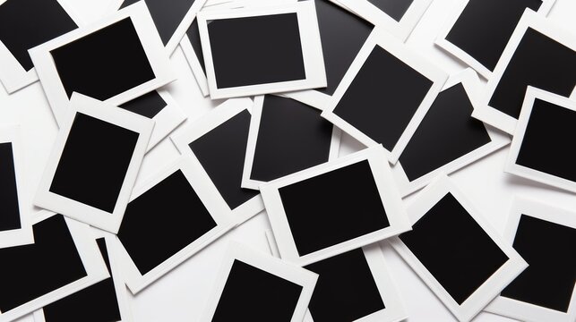 Scattered blank instant photo frames on white background