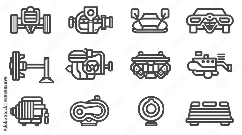 Poster assortment of futuristic mechanical symbols and icons in minimalist style for engineering and