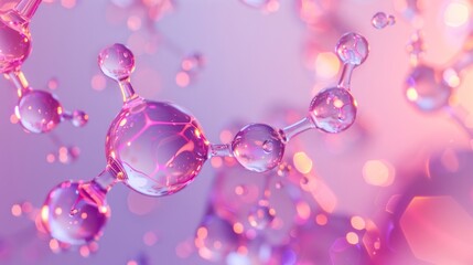A group of glass molecules is floating in a scientific background with pink and purple colors