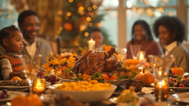 Happy Black Family Celebrating Thanksgiving or Christmas. A Festive Turkey Dinner. Cozy dining room