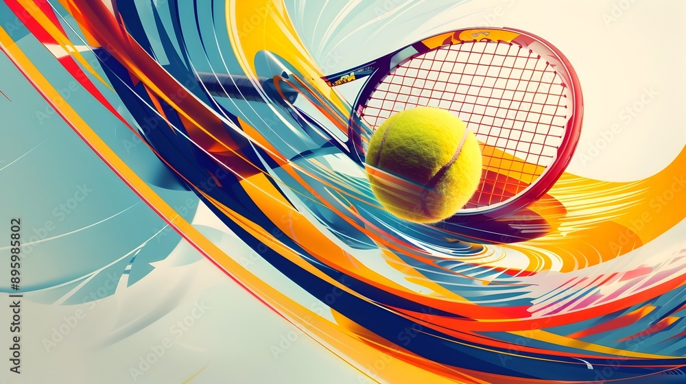 Poster dynamic tennis ball in motion with racket on colorful abstract background