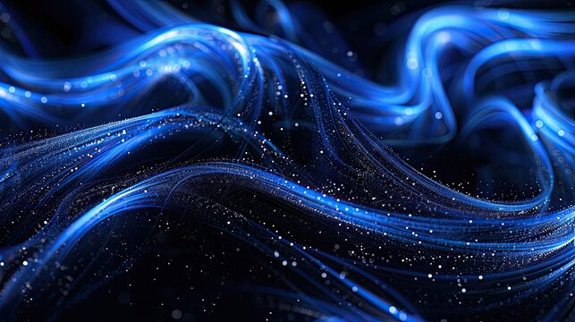 Abstract blue swirls with sparkling dots on a black background