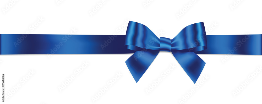 Poster blue bow and ribbon horizontal realistic shiny satin with shadow horizontal ribbon for decorate your