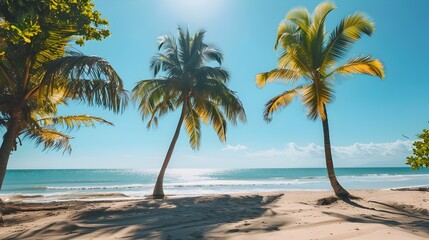 Stunning Tropical Beach Scenery with Swaying Palm Trees and Serene Ocean Waves