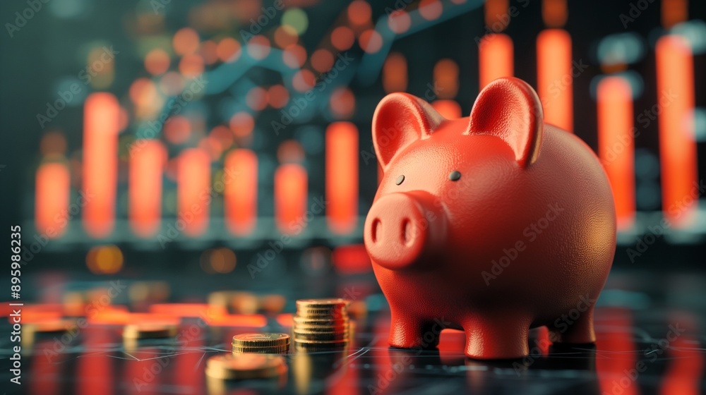 Poster a red piggy bank with coins in it sits on a table. concept of financial responsibility and the impor
