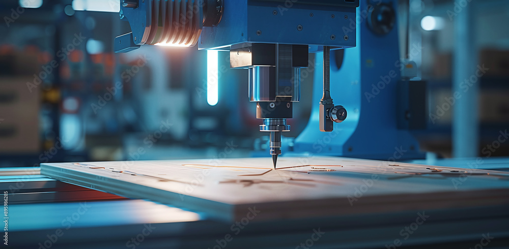 Poster 3d vertical blue cnc machine with tooling and carving on table. close-up