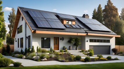 Naklejka premium Modern suburban home featuring a solar array on its roof. Passive-energy modern home with a beautifully planted backyard. The gable roof has solar panels.