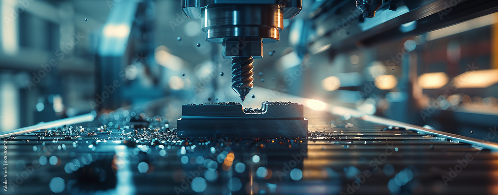 Poster 3d vertical blue cnc machine with tooling and carving on table. close-up