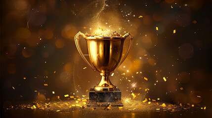 streamers competition Golden sport trophy confetti background streamer gold cup winner prize best illustration celebration succeed champion award. Champion golden trophy isolated on black background. 