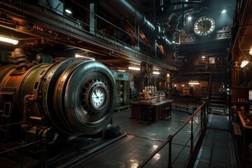 An intricate steampunk machine dominates a dimly lit industrial lab, blending vintage aesthetics with futuristic mechanical design in a setting full of pipes and gauges.