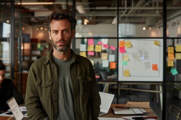A confident professional stands in a modern office with glass walls and sticky notes on the background, representing leadership and innovation in a contemporary work environment.