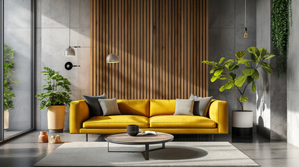 A modern living room with concrete walls, yellow sofa and plants, creating an elegant space for relaxation and comfort
