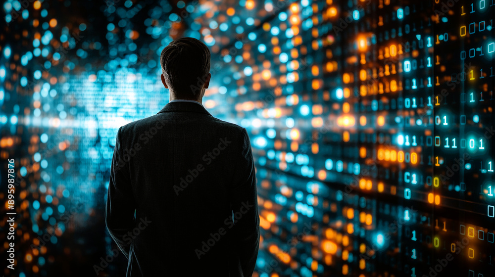 Poster a man in a suit stands in front of a wall of computer screens. the screens are filled with numbers a