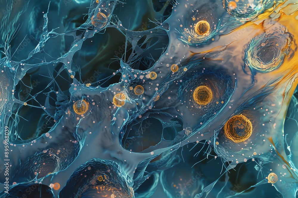 Poster Abstract depiction of cellular structures with vibrant colors and intricate details, capturing the beauty of microscopic forms.