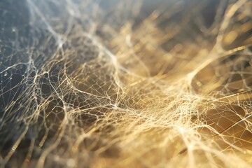 Abstract close-up of fine, delicate spider web strands with golden sunlight shining through, creating intricate patterns and soft light.