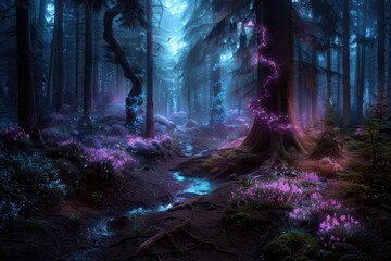 Fototapeta premium A mystical forest scene with enchanting light illuminating paths, pink accents throughout the foliage, and an ethereal atmosphere filled with magical energy.