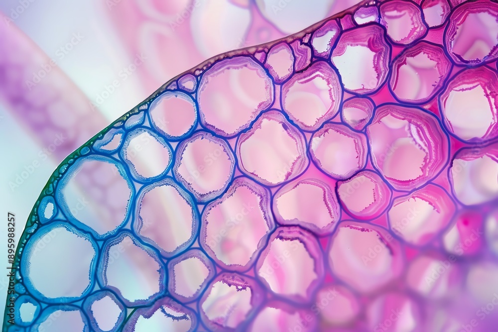 Poster close-up abstract image of colorful hexagonal network pattern, featuring blue and pink hues in a mic