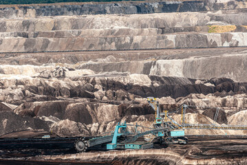 View into a lignite opencast mine  with bucket wheel excavator and spreader