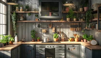 Contemporary Kitchen with Grey Cabinets, Wooden Counters, Herbs, and Cooking Utensils