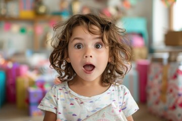 A young girl with curly hair and wide eyes expresses surprise, standing amidst colorful decorations and presents, with her mouth open in astonishment.