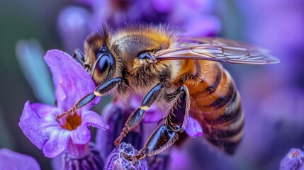 Macro shot of a honey bee gathering pollen on a purple flower with a blurred background