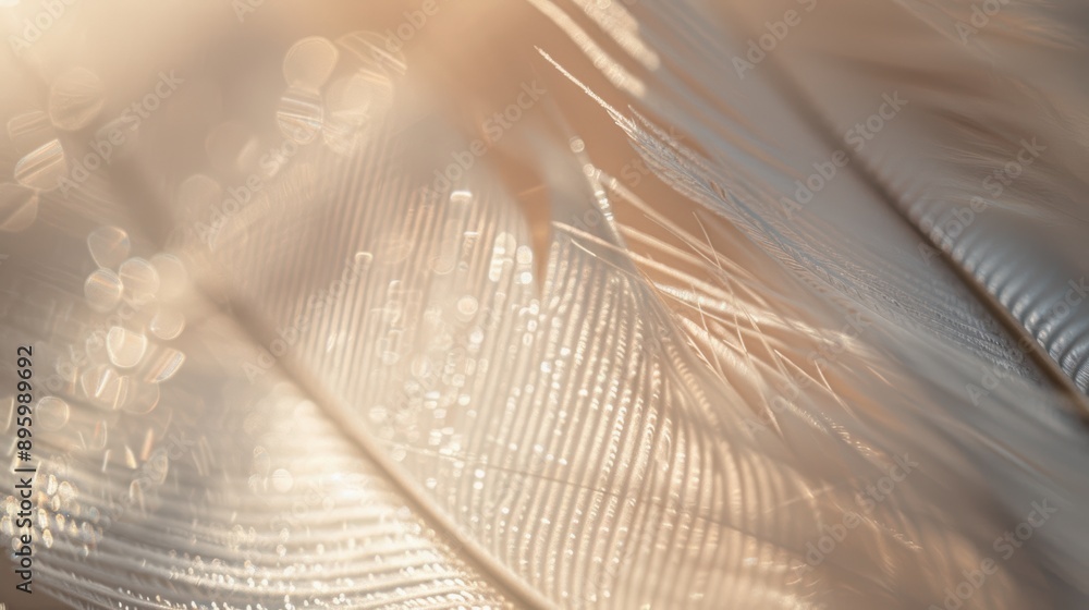 Poster abstract macro photograph of white bird feathers catching the sunlight and creating bokeh