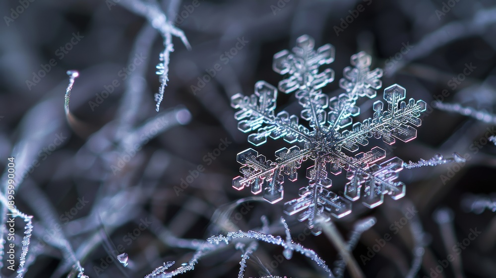 Poster capturing the intricate details of a perfectly formed snowflake on frozen grass in a stunning macro 