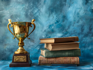 Stack of Books and Gold Championship Trophy