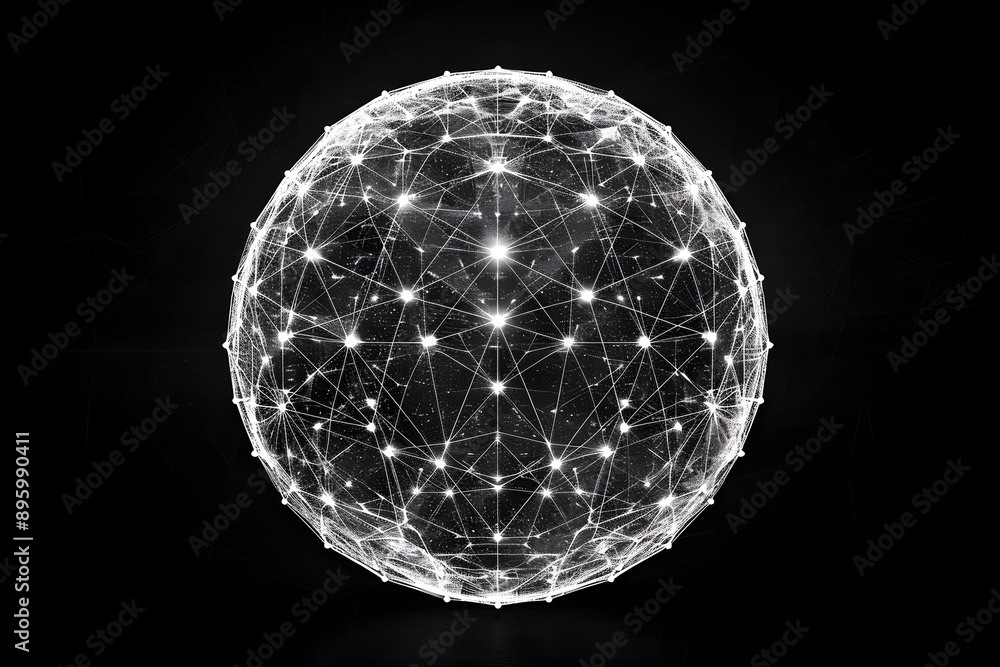 Poster abstract representation of a connected network sphere in monochrome