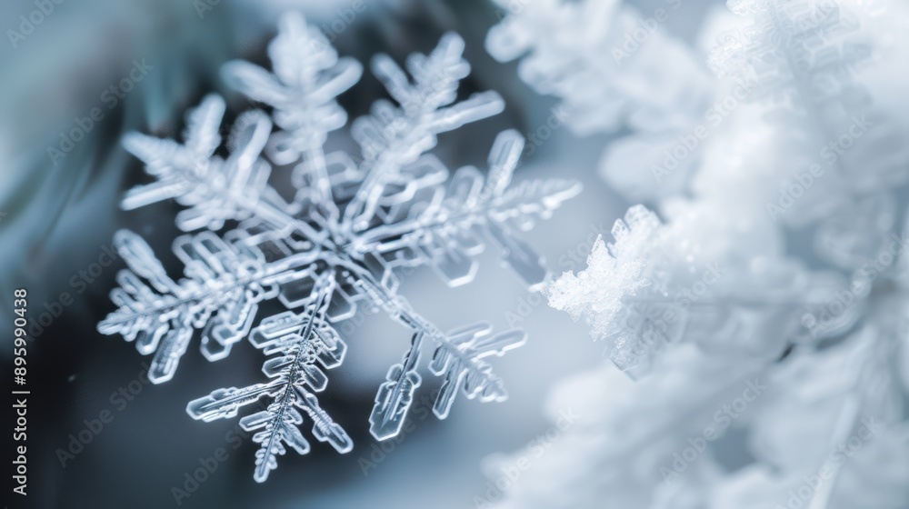 Poster macro photograph of a snowflake forming, revealing its intricate and unique crystalline structure