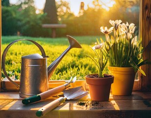 Still life with garden tools on a background of green grass. The concept of spring gardening