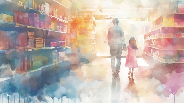 Back to school watercolor illustration with father and daughter at bookstore.