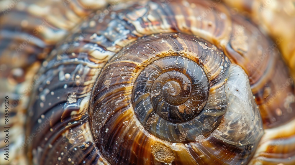 Poster mesmerizing spiral pattern on a snail shell, captured in stunning close-up detail