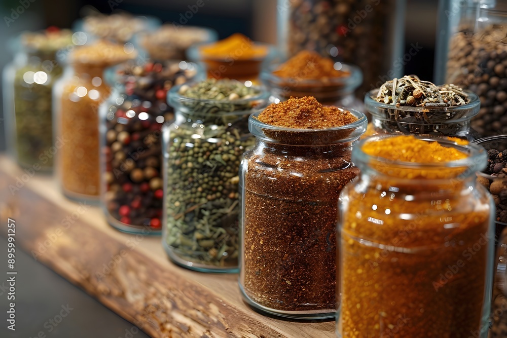 Poster a colorful array of spices in glass jars on a wooden shelf