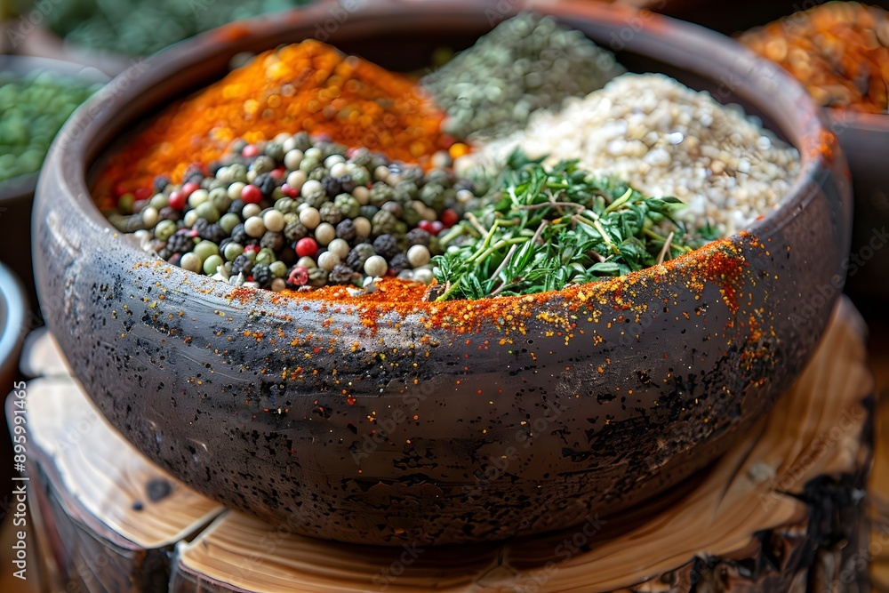 Poster a colorful array of spices in a rustic bowl