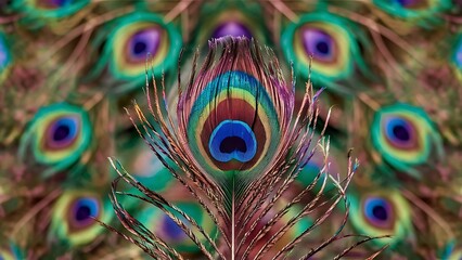 Obraz premium Colorful peacock feathers texture background, closeup, wallpaper