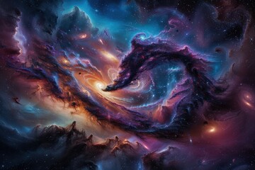 An intricate and vibrant galaxy formation with dynamic patterns and colors, capturing the splendid chaos and mesmerizing beauty of the cosmos in a stunning visual.