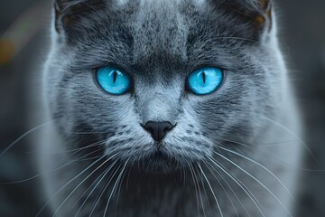 Close-up Portrait of a Blue-Eyed Cat with Gray Fur - Perfect for Animal Posters, Cards, and Prints