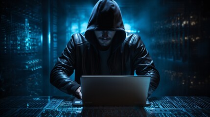 Hacker accessing secure data on a laptop in a dark room