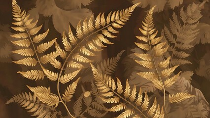 Background, wallpaper with golden fern leaves on a brown background. Graphics with a delicate plant motif